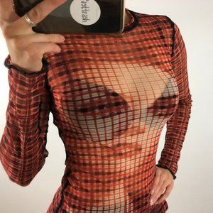 Mesh Sheer Top See Through Long Sleeve Slim Fit